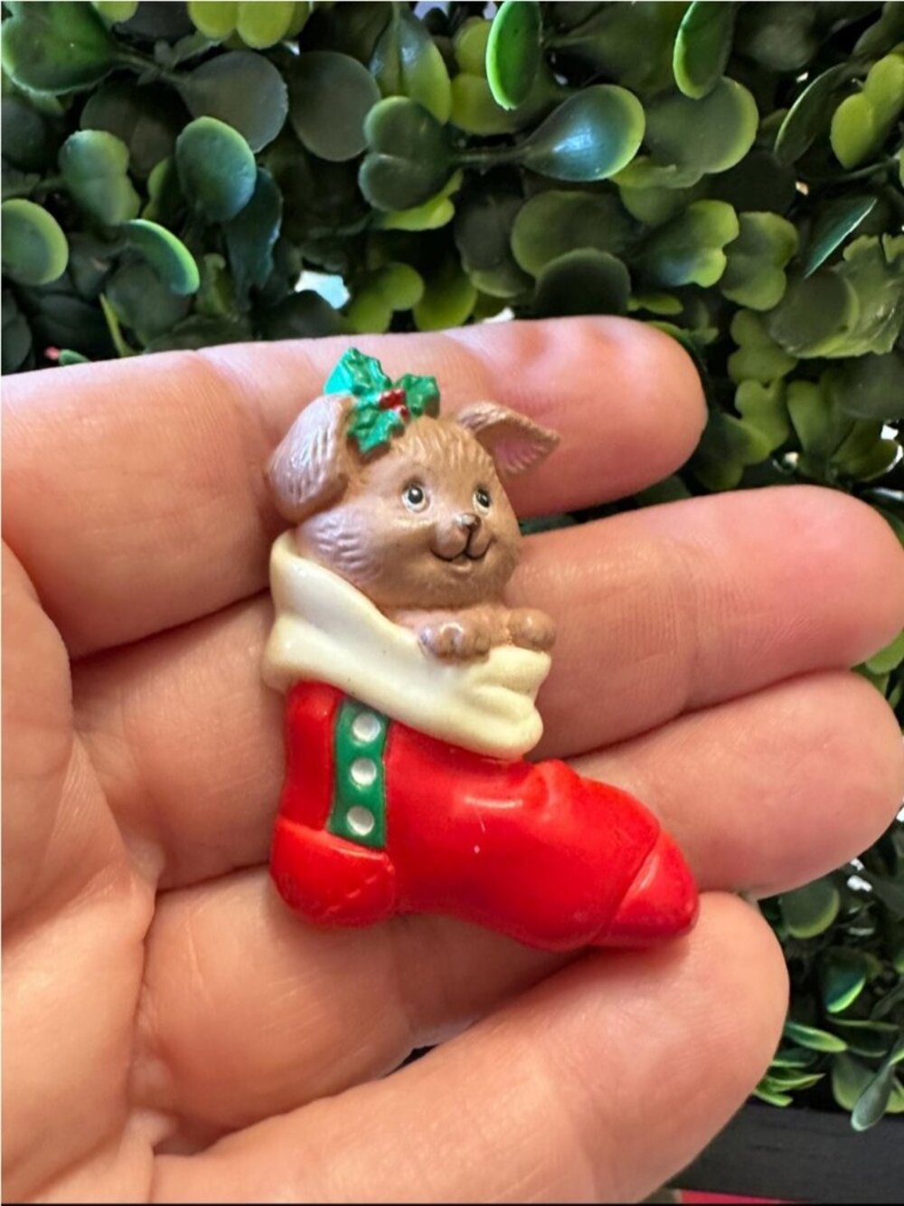 Holiday Small Pet Ornament - Red Christmas Stocking with Brown Bunny
